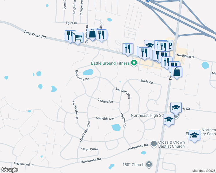 map of restaurants, bars, coffee shops, grocery stores, and more near 1282 Meredith Way in Clarksville