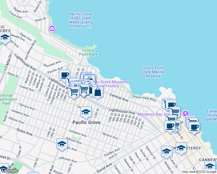 map of restaurants, bars, coffee shops, grocery stores, and more near 114 Carmel Avenue in Pacific Grove