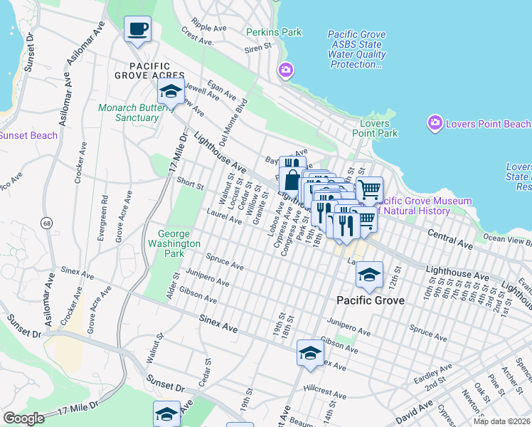 map of restaurants, bars, coffee shops, grocery stores, and more near 228 Wood Street in Pacific Grove