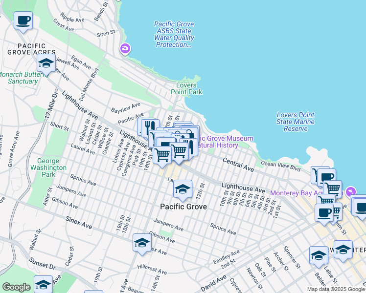 map of restaurants, bars, coffee shops, grocery stores, and more near 150-158 Grand Avenue in Pacific Grove