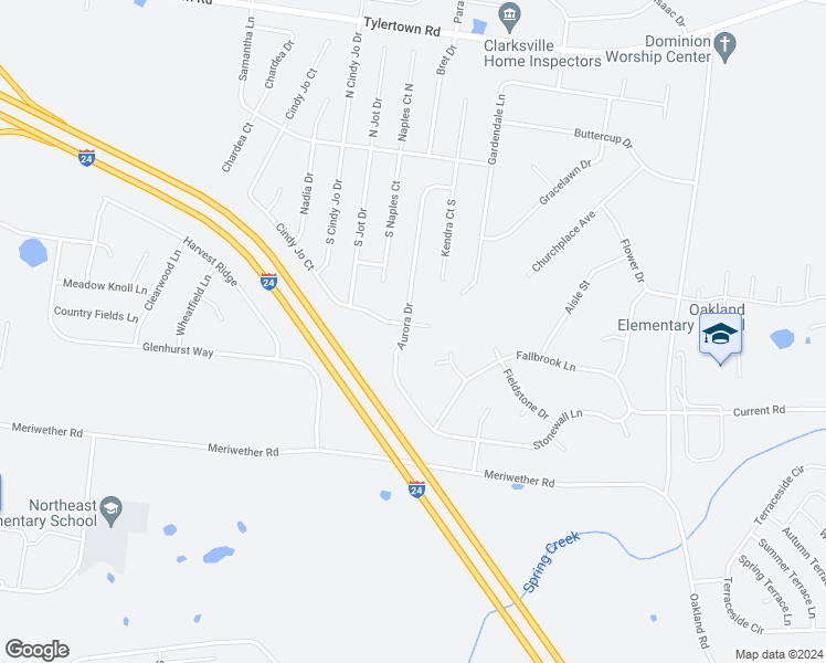 map of restaurants, bars, coffee shops, grocery stores, and more near 3597 Aurora Drive in Clarksville