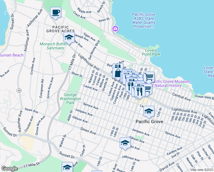 map of restaurants, bars, coffee shops, grocery stores, and more near 228 Wood Street in Pacific Grove