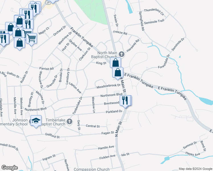 map of restaurants, bars, coffee shops, grocery stores, and more near 101 Bernard Court in Danville