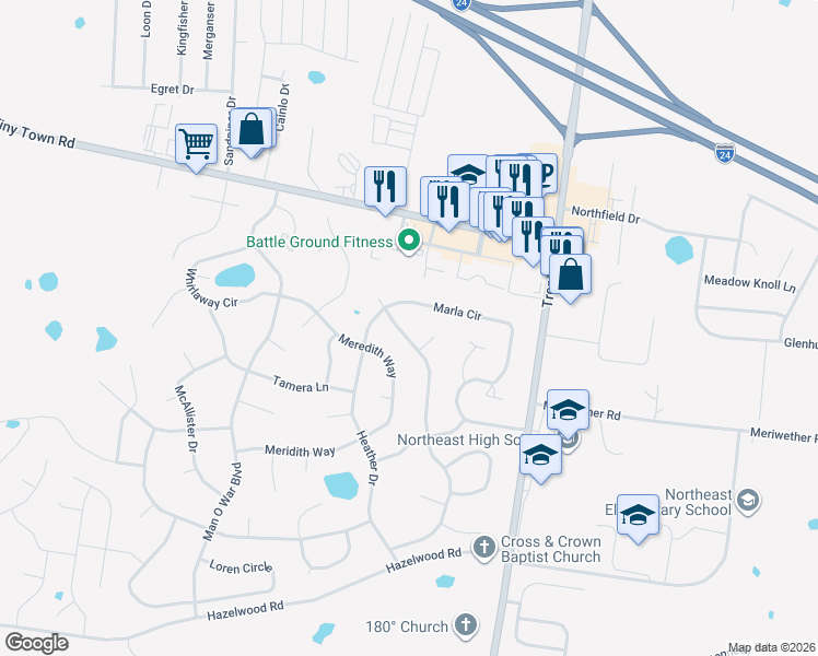 map of restaurants, bars, coffee shops, grocery stores, and more near 3774 Misty Way in Clarksville