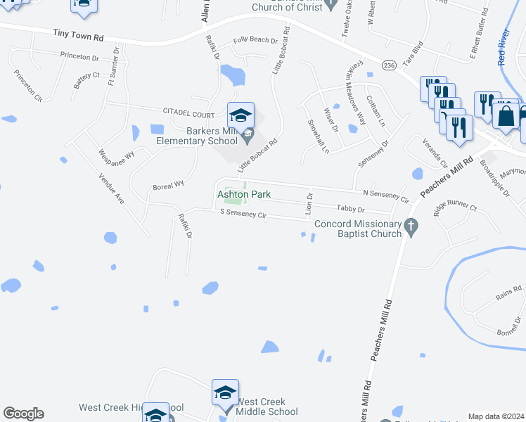 map of restaurants, bars, coffee shops, grocery stores, and more near 3263 South Senseney Circle in Clarksville