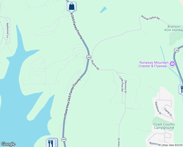map of restaurants, bars, coffee shops, grocery stores, and more near 1384 State Highway 265 in Branson