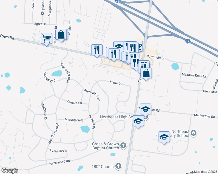 map of restaurants, bars, coffee shops, grocery stores, and more near 1405 Mickey Court in Clarksville
