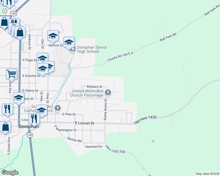 map of restaurants, bars, coffee shops, grocery stores, and more near 15 Summerfield Estates in Doniphan