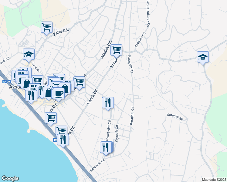 map of restaurants, bars, coffee shops, grocery stores, and more near in Alanya