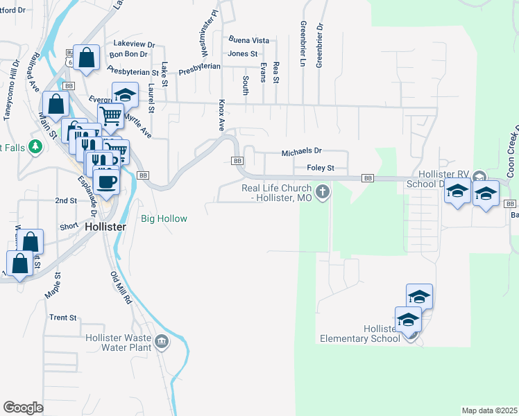 map of restaurants, bars, coffee shops, grocery stores, and more near 187 Kays Lane in Hollister