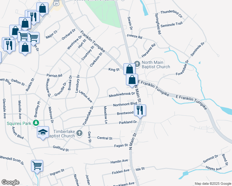 map of restaurants, bars, coffee shops, grocery stores, and more near 206 Meadowbrook Drive in Danville