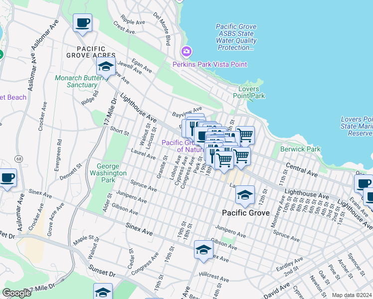 map of restaurants, bars, coffee shops, grocery stores, and more near 721 Lighthouse Avenue in Pacific Grove