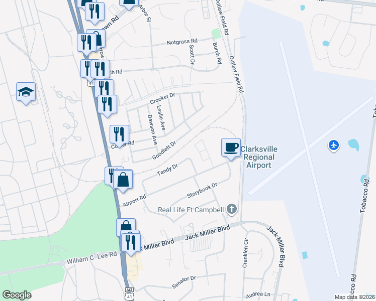 map of restaurants, bars, coffee shops, grocery stores, and more near 127 Tandy Drive in Clarksville