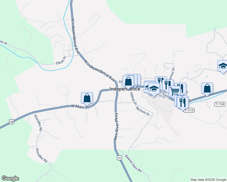 map of restaurants, bars, coffee shops, grocery stores, and more near 123 West Main Street in Independence