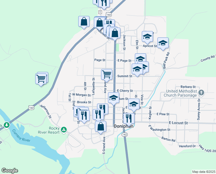 map of restaurants, bars, coffee shops, grocery stores, and more near 606 North Grand Avenue in Doniphan