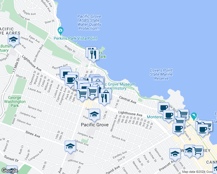 map of restaurants, bars, coffee shops, grocery stores, and more near 471 13th Street in Pacific Grove