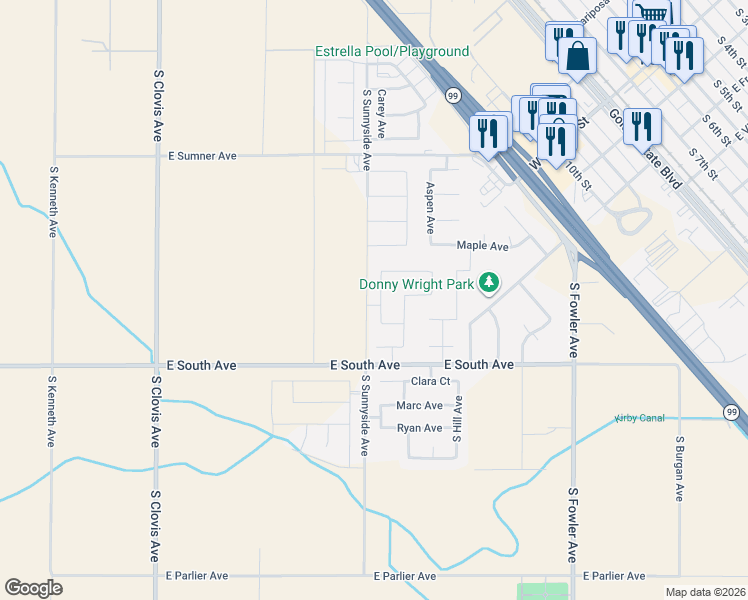 map of restaurants, bars, coffee shops, grocery stores, and more near 458 Bedrosian Avenue in Fowler