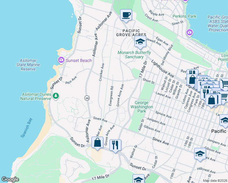 map of restaurants, bars, coffee shops, grocery stores, and more near 406 Grove Acre Avenue in Pacific Grove