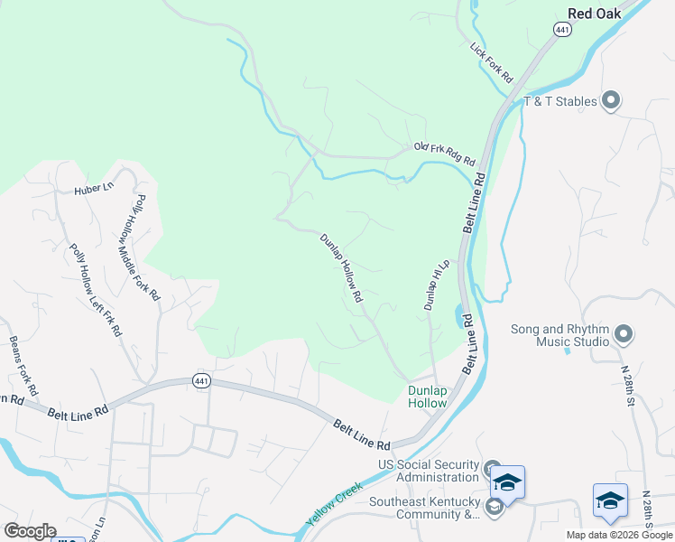 map of restaurants, bars, coffee shops, grocery stores, and more near 466 Dunlap Hollow Road in Middlesboro