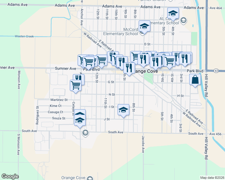 map of restaurants, bars, coffee shops, grocery stores, and more near 728 10th Street in Orange Cove