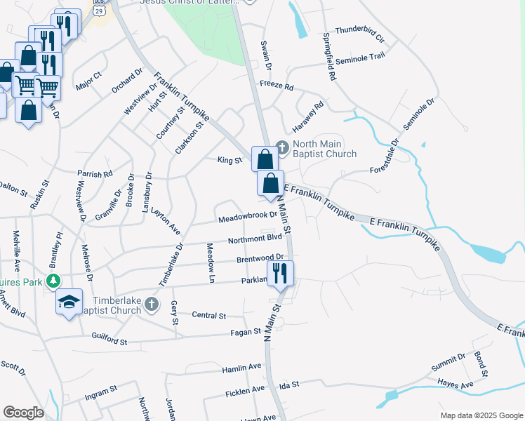 map of restaurants, bars, coffee shops, grocery stores, and more near 124 Meadowbrook Drive in Danville