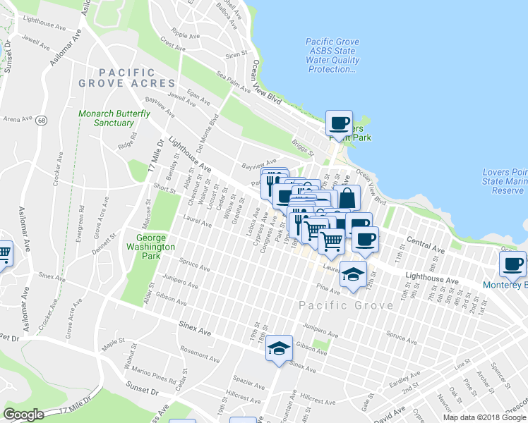map of restaurants, bars, coffee shops, grocery stores, and more near 721 Lighthouse Avenue in Pacific Grove