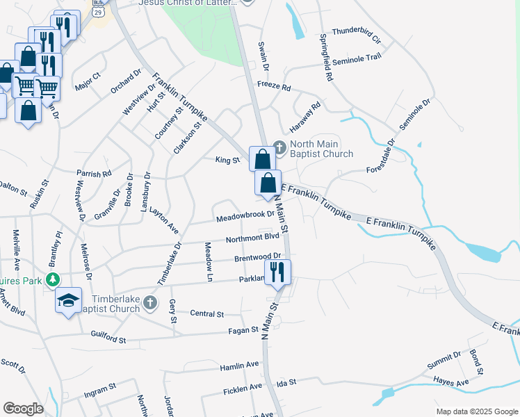 map of restaurants, bars, coffee shops, grocery stores, and more near 124 Meadowbrook Drive in Danville