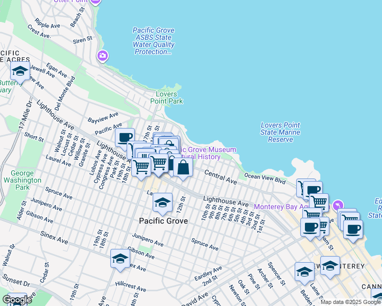 map of restaurants, bars, coffee shops, grocery stores, and more near 108 13th Street in Pacific Grove