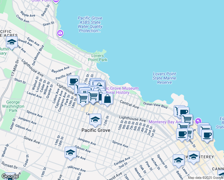 map of restaurants, bars, coffee shops, grocery stores, and more near 108 13th Street in Pacific Grove