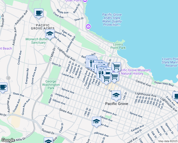 map of restaurants, bars, coffee shops, grocery stores, and more near 721 Lighthouse Avenue in Pacific Grove