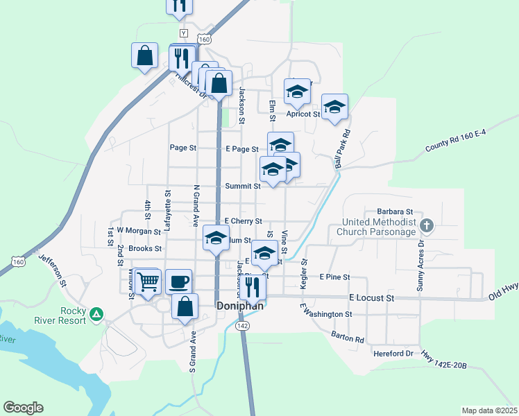 map of restaurants, bars, coffee shops, grocery stores, and more near 502 East Young Street in Doniphan