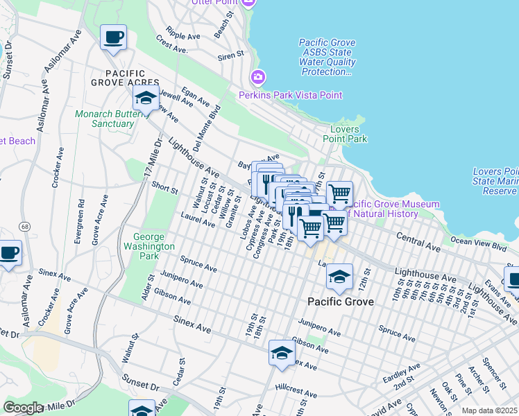 map of restaurants, bars, coffee shops, grocery stores, and more near 206 Cypress Avenue in Pacific Grove