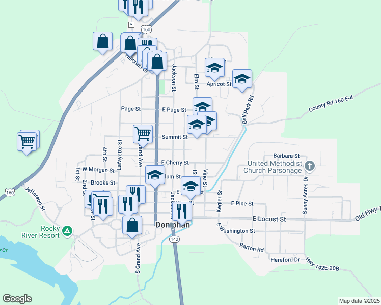 map of restaurants, bars, coffee shops, grocery stores, and more near 502 East Young Street in Doniphan