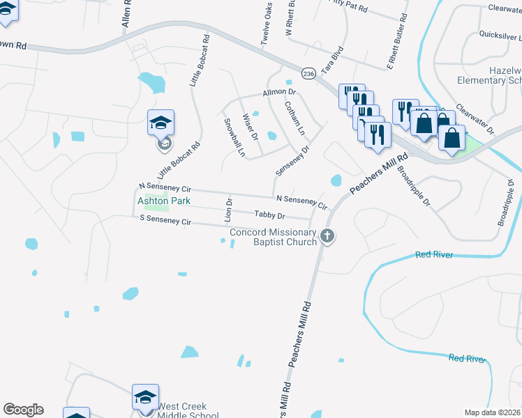map of restaurants, bars, coffee shops, grocery stores, and more near 3229 Tabby Drive in Clarksville