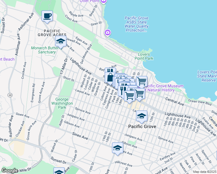 map of restaurants, bars, coffee shops, grocery stores, and more near 206 Cypress Avenue in Pacific Grove