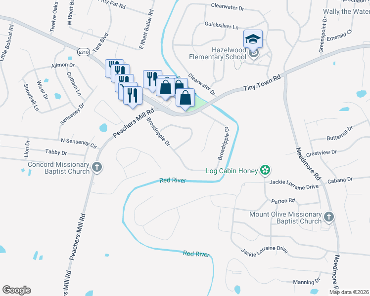 map of restaurants, bars, coffee shops, grocery stores, and more near 2668 Marymont Drive in Clarksville