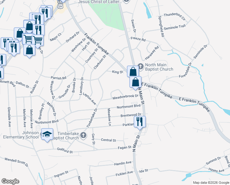 map of restaurants, bars, coffee shops, grocery stores, and more near 133 Bernard Court in Danville