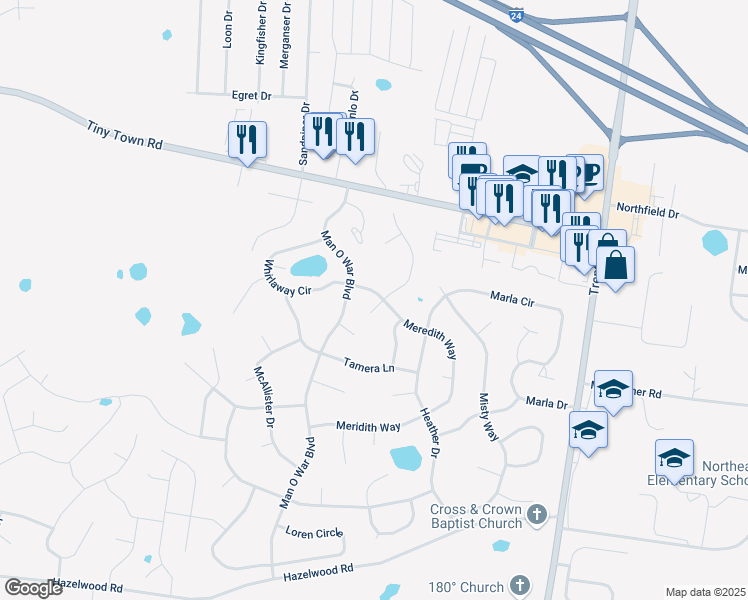 map of restaurants, bars, coffee shops, grocery stores, and more near 1279 Meredith Way in Clarksville