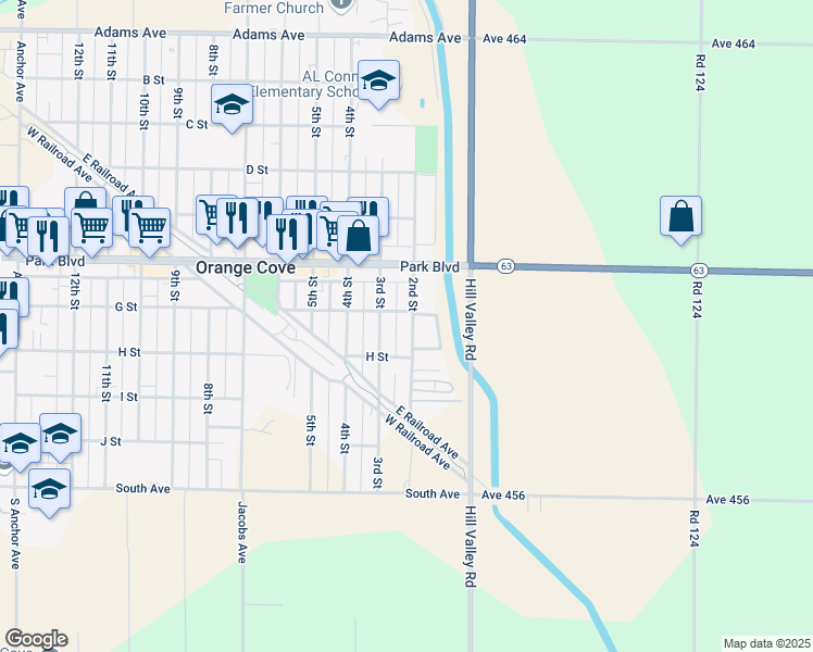 map of restaurants, bars, coffee shops, grocery stores, and more near 721 2nd Street in Orange Cove
