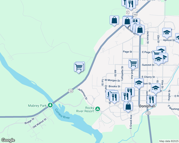 map of restaurants, bars, coffee shops, grocery stores, and more near Missouri 142 in Doniphan