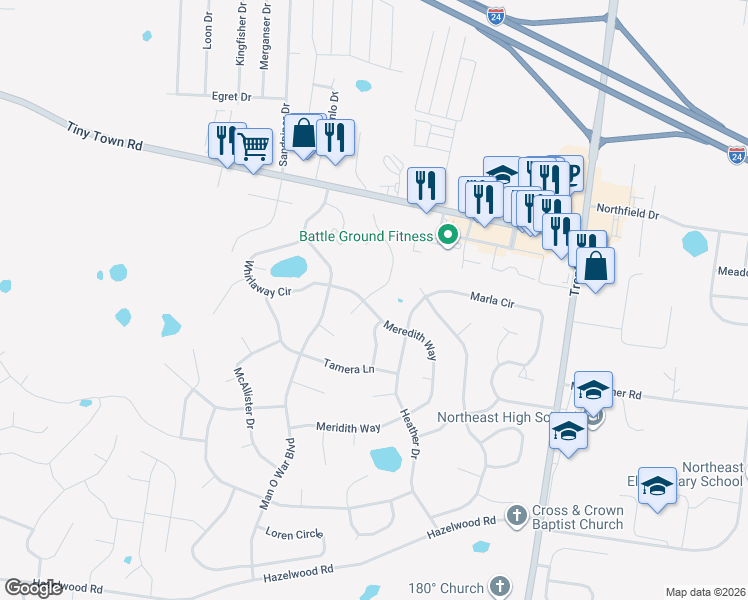 map of restaurants, bars, coffee shops, grocery stores, and more near 1282 Meredith Way in Clarksville