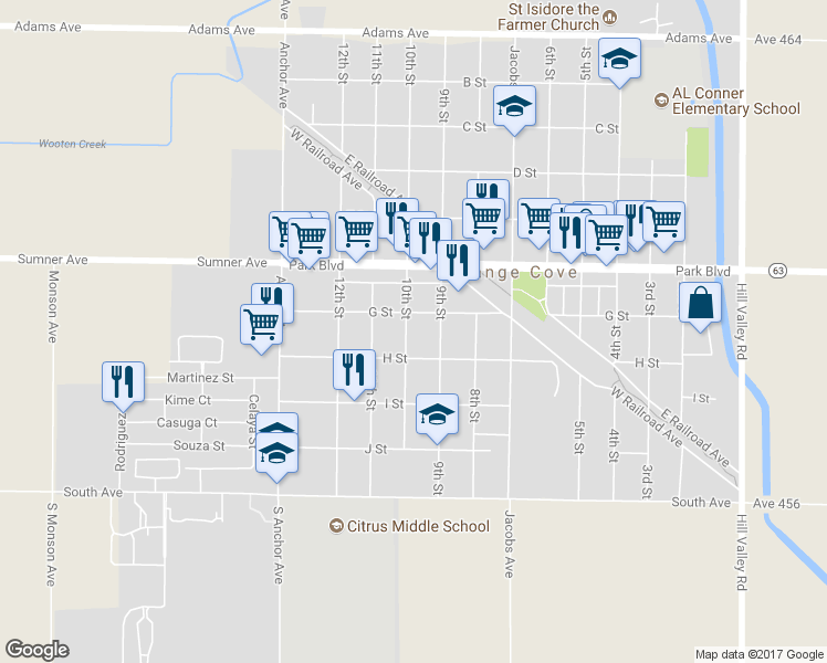 map of restaurants, bars, coffee shops, grocery stores, and more near 728 10th Street in Orange Cove