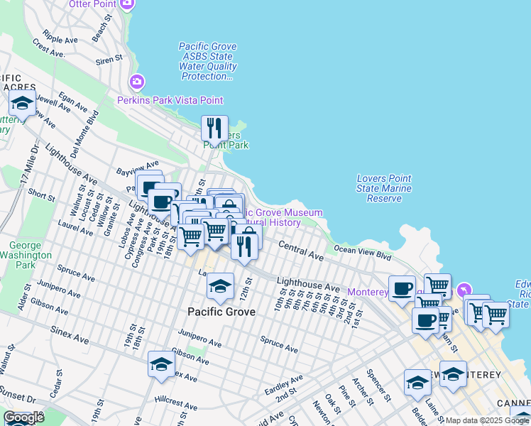 map of restaurants, bars, coffee shops, grocery stores, and more near 471 13th Street in Pacific Grove