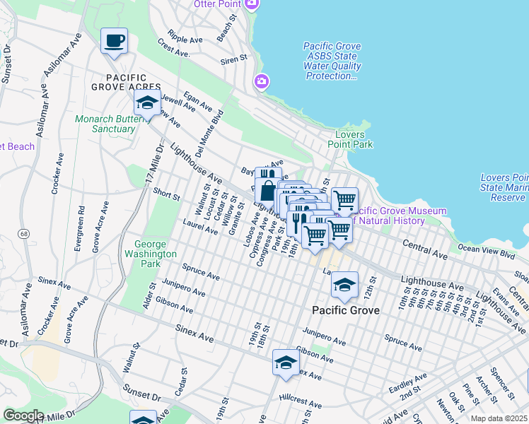 map of restaurants, bars, coffee shops, grocery stores, and more near 721 Lighthouse Ave in Pacific Grove