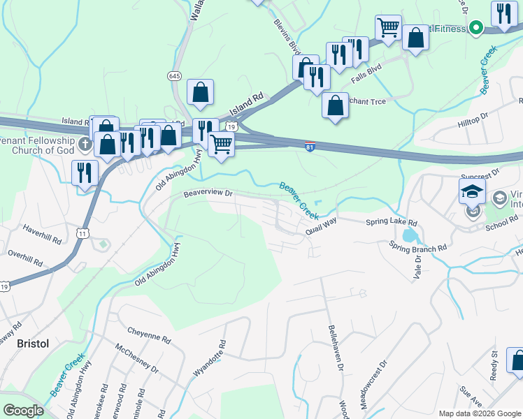 map of restaurants, bars, coffee shops, grocery stores, and more near 295 Beaverview Drive in Bristol