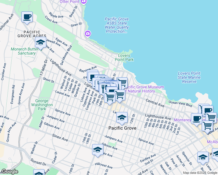 map of restaurants, bars, coffee shops, grocery stores, and more near 150 17th Street in Pacific Grove