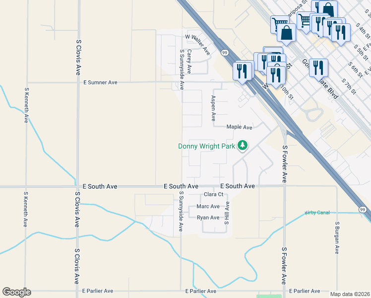 map of restaurants, bars, coffee shops, grocery stores, and more near 458 Bedrosian Avenue in Fowler