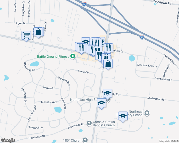 map of restaurants, bars, coffee shops, grocery stores, and more near 3847 Marla Circle in Clarksville