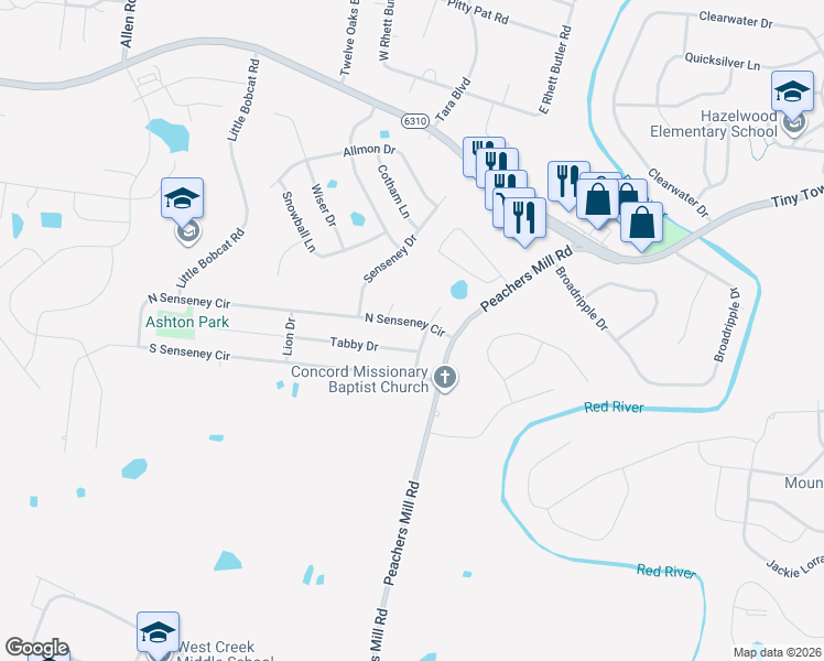 map of restaurants, bars, coffee shops, grocery stores, and more near 3204 North Senseney Circle in Clarksville