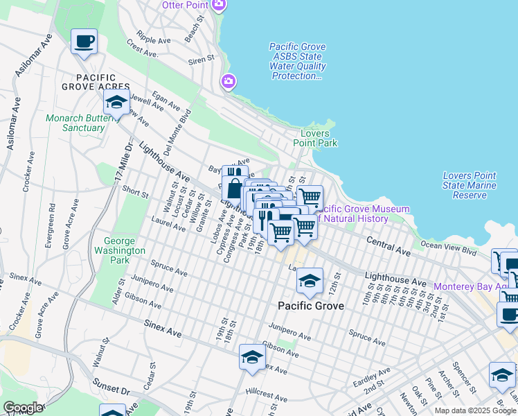 map of restaurants, bars, coffee shops, grocery stores, and more near 667 Central Avenue in Pacific Grove